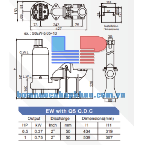 Sơ đồ kỹ thuật máy bơm chìm nước thải Evak EW-5.05