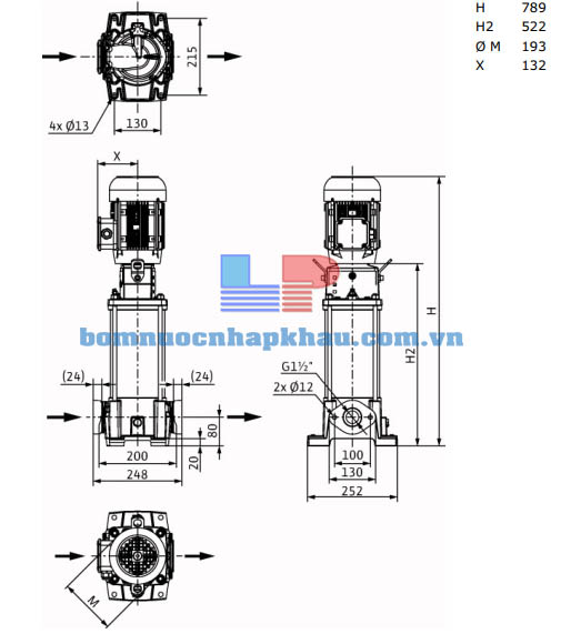 Kích thước máy bơm ly tâm trục đứng WILO Helix FIRST V 1006-5/16/E/S/400-50