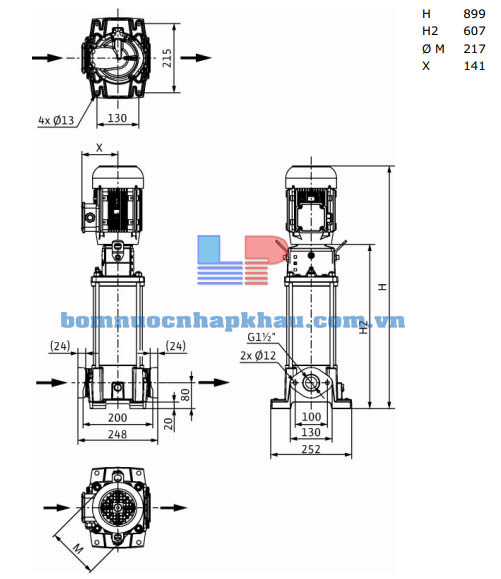 Kích thước máy bơm ly tâm trục đứng WILO Helix FIRST V1008-5/16/E/S/400-50