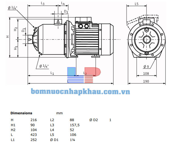 Kích thước máy bơm ly tâm trục ngang WILO MHI404-1/E/1-230-50-2 Kích thước máy bơm ly tâm trục ngang WILO MHI404-1/E/1-230-50-2