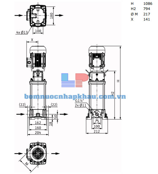 Kích thước máy bơm ly tâm trục đứng WILO Helix FIRST V614-5/16/E/S/400-50