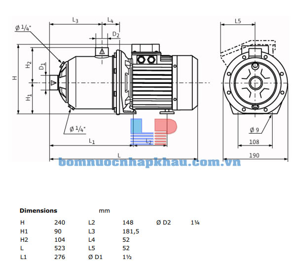 Kích thước máy bơm ly tâm trục ngang Wilo MHI 805-1/E/3-400-50-2