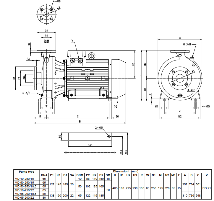 Kích thước máy bơm Ebara MD 