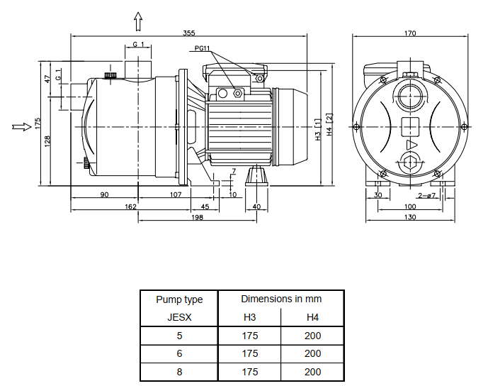 Kích thước máy bơm tự mồi bán chân không Ebara JES
