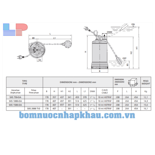 Kích thước máy bơm Speroni SXS 1000