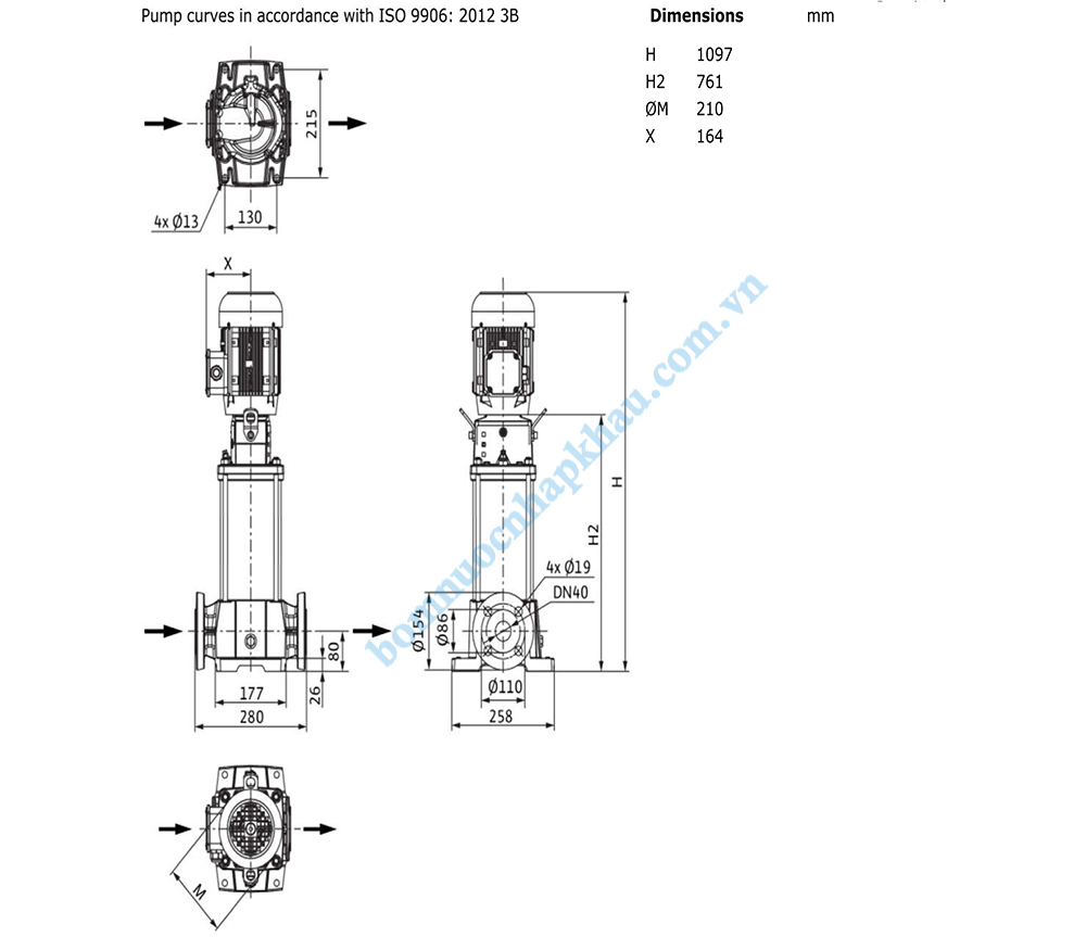Sơ đồ kích thước Máy bơm ly tâm trục đứng WILO Biểu đồ máy bơm ly tâm trục đứng WILO Helix FIRST V 1012-5/25/E/KS/400-50