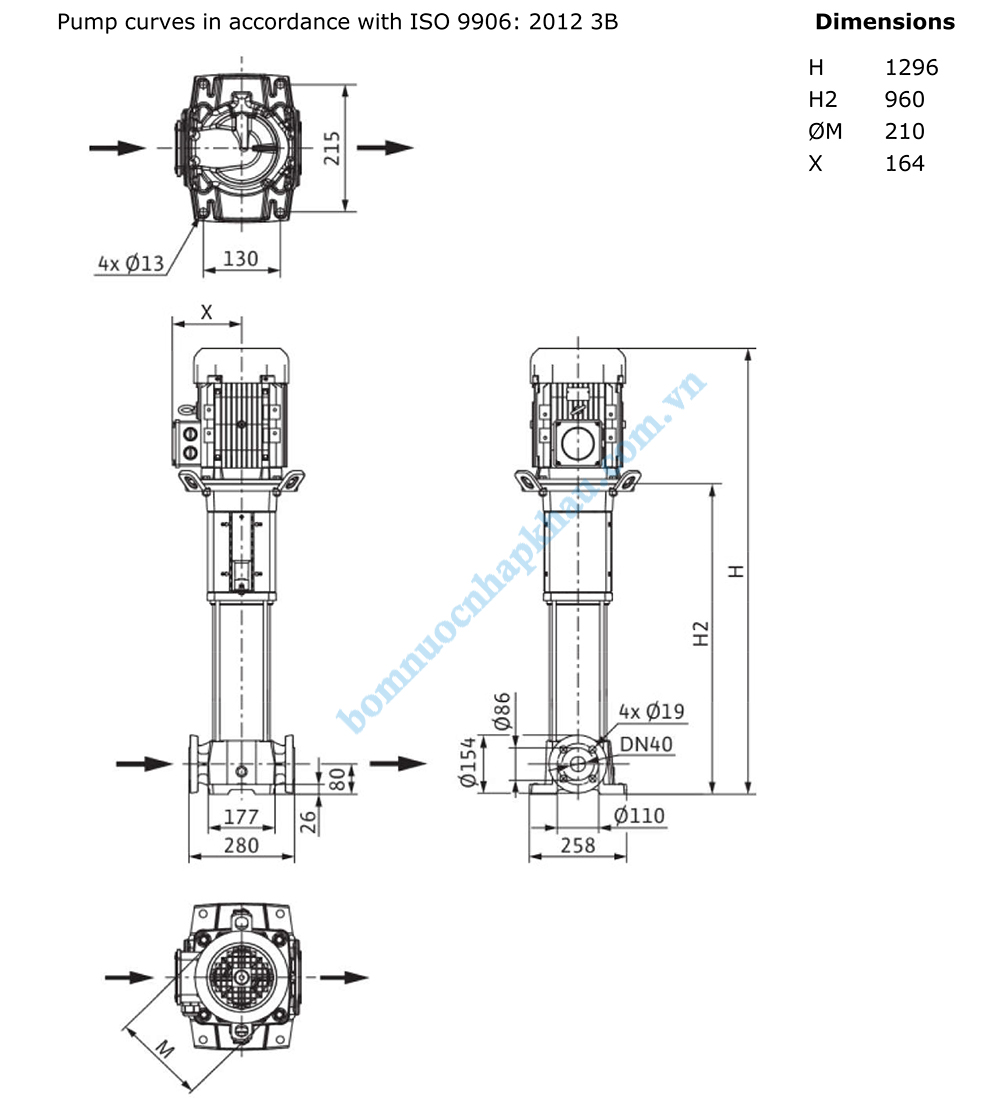 Sơ đồ kích thước Máy bơm ly tâm trục đứng WILO Helix FIRST V 1015-5/25/E/KS/400-50